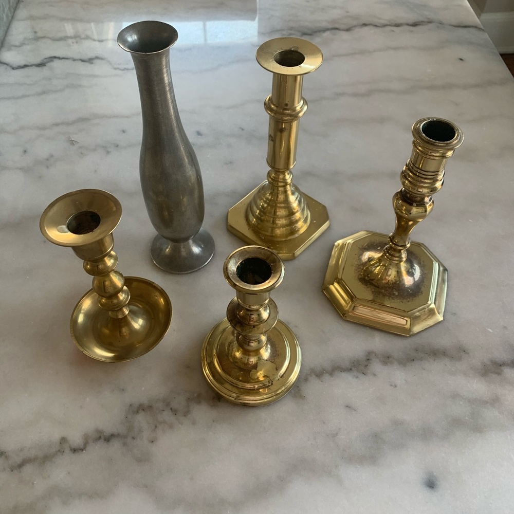 Candleholders and vase Lot 5 total